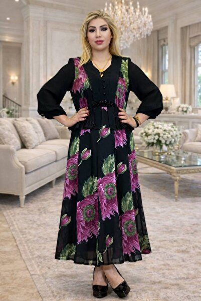 Yeşilmoda Abiye elbise,çiçekli,şifon ve saten,etekli elbise,Yüksek kaliteli,E...