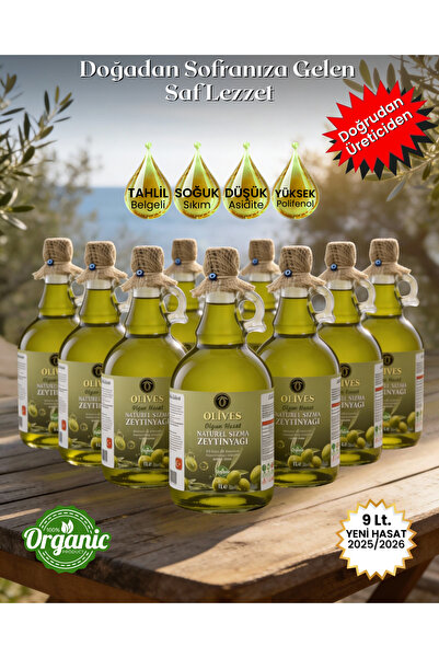 Olives Naturel Soğuk Sıkım Olgun Hasat Premium Zeytinyağı 9 Lt. Cam Şişe