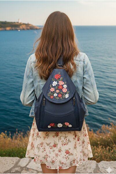 Durush Collection Genuine Leather, Design Hand-Embroidered Navy Blue Backpack