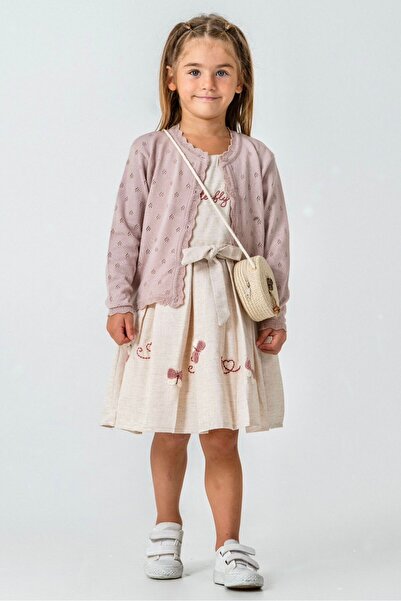 LUCEVERA 2-9 Yaş Kız Çocuk Keten Elbise – Nakış Detaylı, Kuşaklı, Hırka Kombi...