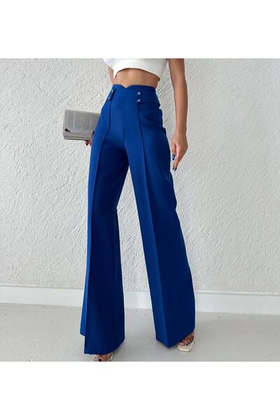 H&A İSTANBUL Γυναικείο παντελόνι μπλε κοβαλτίου μπλε ψηλόμεσο με φαρδύ πόδι P...