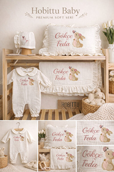 hobittubaby Yenidoğan bebek müslin isim nakışlı hastane çıkış seti 4 lü set