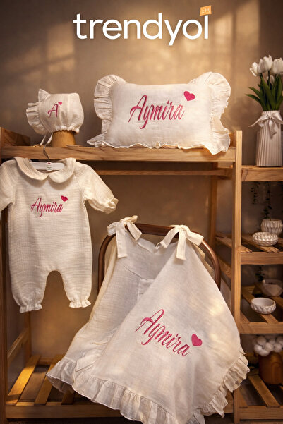 hobittubaby Yenidoğan bebekler için isim nakışlı Müslin hastane çıkış seti tu...