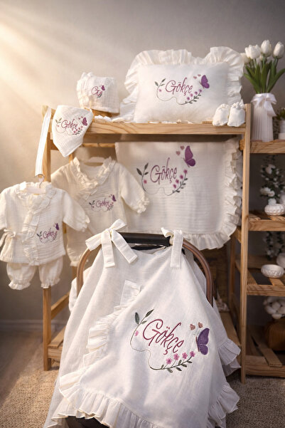 hobittubaby Yenidoğan isim nakışlı Müslin bebek hastane çıkış seti 10 parça t...