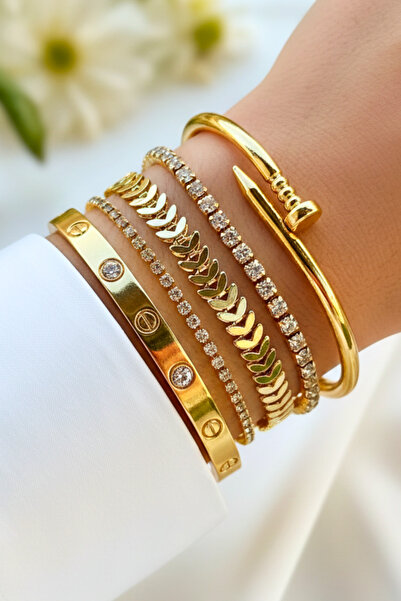 Crc Bijuteri مجموعة أساور نسائية مكونة من 5 قطع من حجر الزركون المطلي بالذهب ...