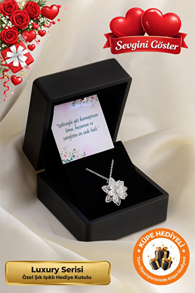 Lucente Jewellery Işıklı Hediye Kutulu Beyaz Lotus Çiçeği 925 Ayar Gümüş Kapl...