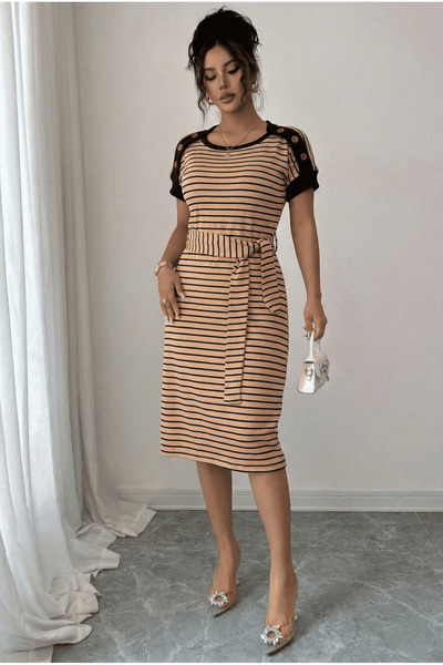 LİVE SPORT Rochie pentru femei – Rochie mini cu dungi, cu curea, detaliu cu n...