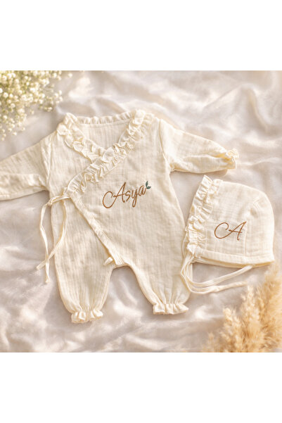 hobittu Müslin Fırfır yaka bebek tulum + şapka