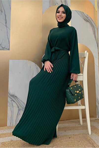 TRENDTESETTÜR KADIN YEŞİL (ZÜMRÜT) KUŞAKLI PİLİSELİ TULUM T 4073