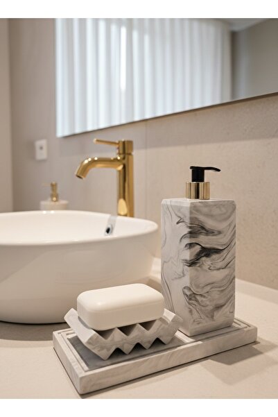 AVZEMA HOME Banyo Seti Mermer Desenli Sıvı Sabunluk Sabun Beton WC Tuvalet De...