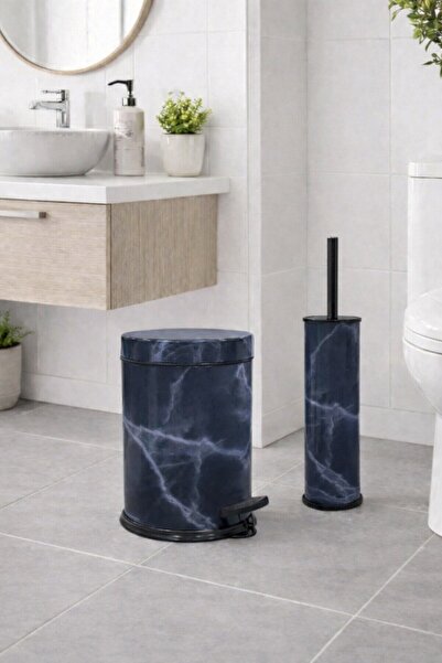 Sas Haus طقم حمام مكون من قطعتين بنمط رخامي باللون الأزرق الداكن - سلة مهملات...