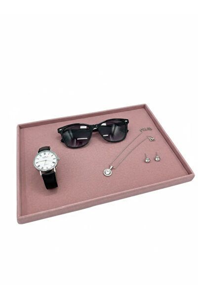 MeGass Dekor طاولة عرض لخدمة المجوهرات من قماش الجلد المدبوغ باللون الوردي مق...