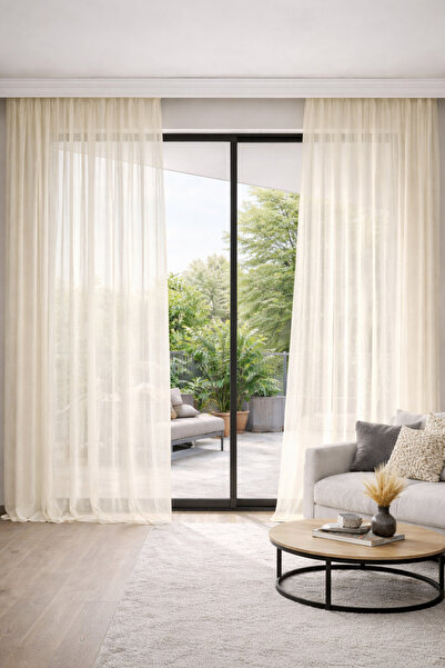 GOCCIA HOME Keten Görünümlü Düz Tül Perde Pilesiz Krem