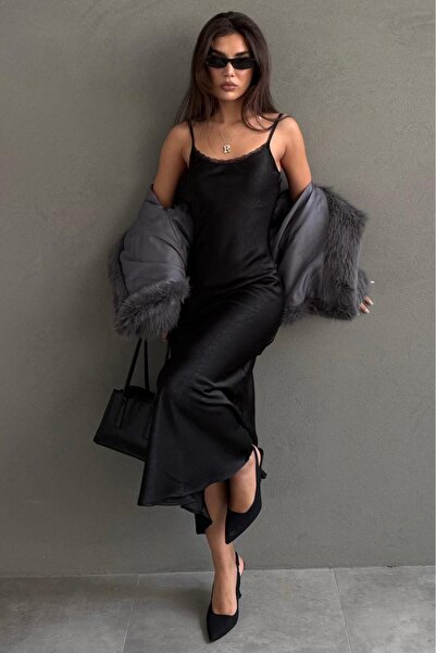 Madmext Black Adjustable Strap Lace Detailed Women's Satin Dress Mg2660