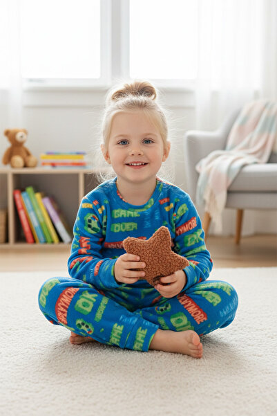 Fulla Moda Σετ παιδικής πιτζάμα Play Yazı με τύπωμα με λαιμόκοψη με φλις Unisex