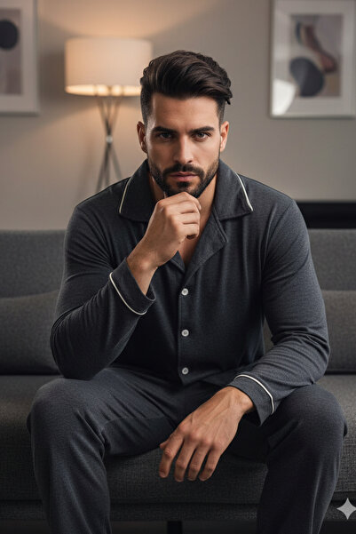 ELİTOL Erkek Uzun Kol Düğmeli Pijama Takım