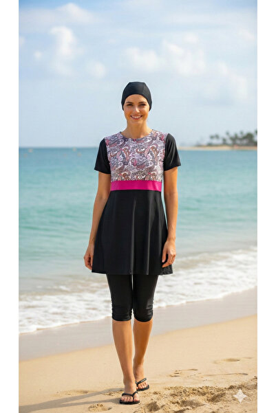 Adel swimwear Boneli Taytlı Yarım Tesettür Mayo - Büyük Beden