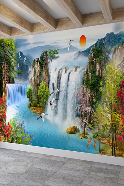 dreamwall Şelale Ve Kuşlar Desenli Isı Ve Ses Yalıtımlı Sağlıklı Tekstil Duva...