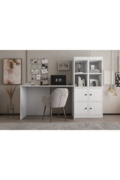 Nettrends Eva 8 Raflı 4 Kapaklı Kitaplıklı Özel Tasarım Beyaz Çalışma Masası ...
