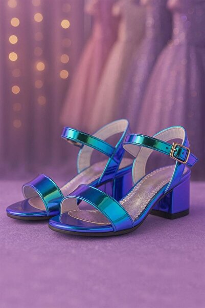 hapshoe Pony Hologram Mor-Yeşil Kalın Topuklu Kız Çocuk Abiye Ayakkabı