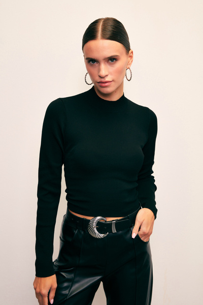 Sateen Black Knitwear Half Fisherman Blouse