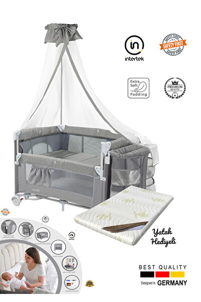 Holmer ALOEVERA YATAK'lı Cibinlikli Beşik/Anne Yanı/Park Yatak 70x110cm AÇIK GRİ