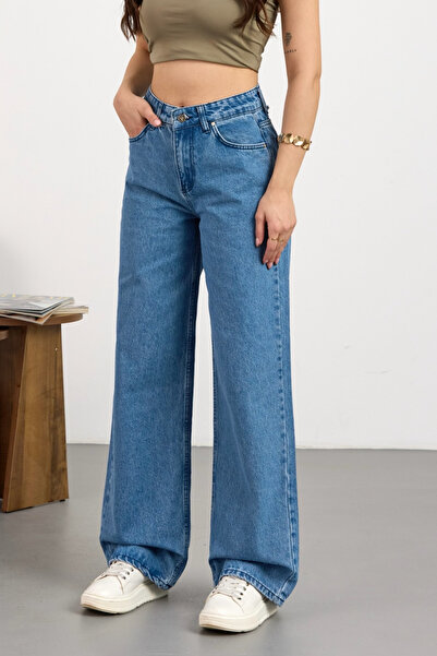 alanora Pantaloni albaștri cu talie înaltă cu picioare largi