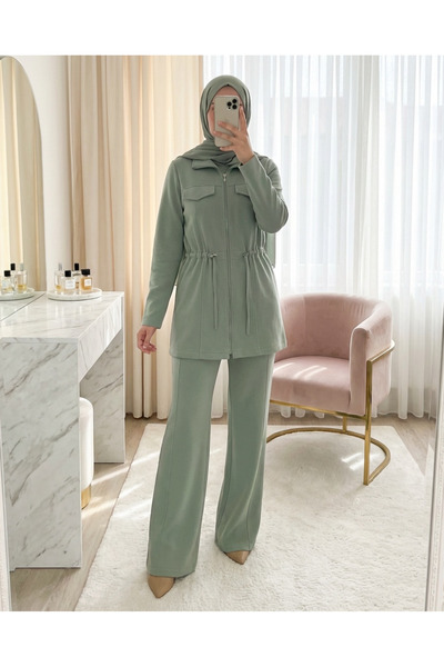 Modamorfo Women's Zipper Detailed Lace-Up Modal Set-14433Tks