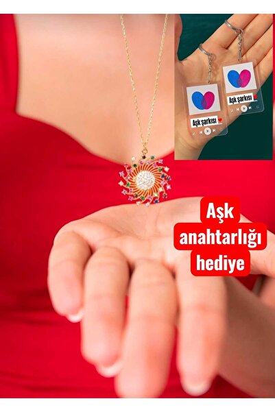 Ayenci Aşk Gülü Tasarımlı Renkli Taşlı Gold Renkli Kadın Kolye Ve Aşk Anahtarlığı Hediyesi İle Birlikte