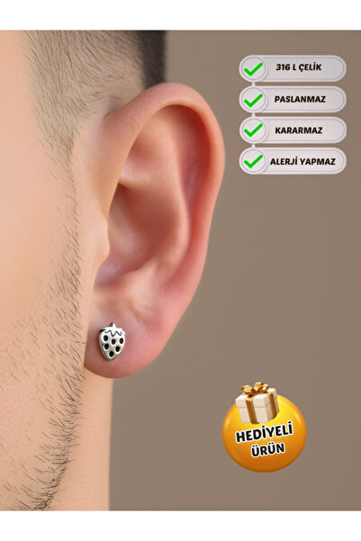 Piercing Market Steel & Silver Erkek Çelik Özel Tasarım Çilek Figürlü Küpe Ka...
