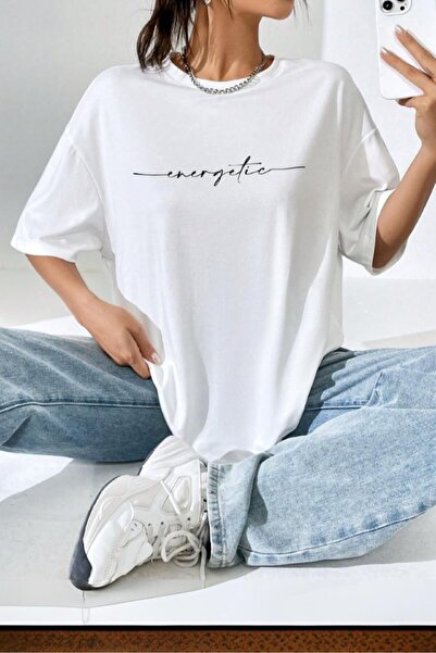 Oksit Energetic Front Printed Crew Neck Women's Oversize T-Shirt