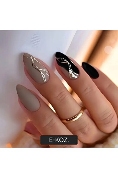 Butik Siyah Altın Mermer Desenli Mat 24'lü Badem Takma Tırnak Seti