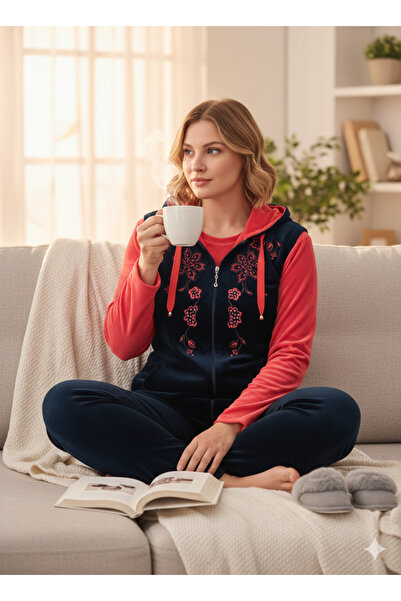 ROMEO LİFE Women's Plus Size Cotton Velvet Hooded Piece Set / Navy-Pomegranat...