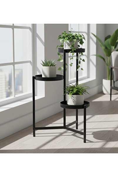 IKEA 3 Katlı Çiçeklik-Saksılık Yuvarlak Sehba Siyah Renk 58 Cm-Çelik İç Dış M...