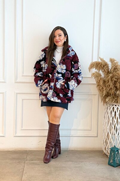 Yağmur Butik Çiçek Desen Fermuarlı Kapşonlu Keçe Kaban