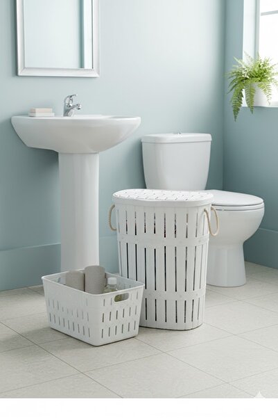 Citim Bambu Halatlı Ahşap Görünümlü Kirli Çamaşır Sepeti ve Selesi Seti - Beyaz