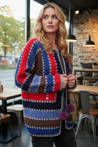 Örgü Sanatı DilekÇak El Örgüsü Patchwork Ömürlük Hırka, Ponpon Detaylı, Renk ...