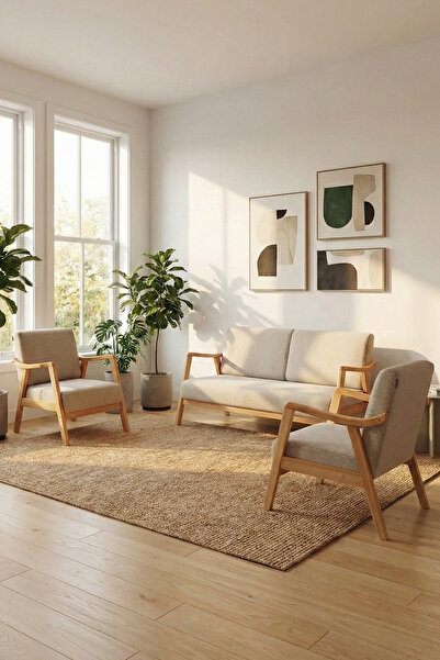 Zem Favela Bohem Çay Seti Natürel Ahşap, Sütlü Kahve (1 ADET İKİLİ BERJER 2 A...