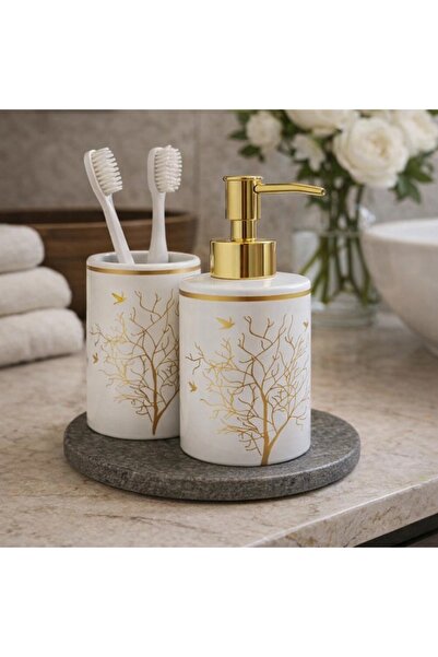 CEZVE HOME Dekoratif Porselen Hayat Ağacı Desenli Gold Detaylı Sıvı Sabunluk ...