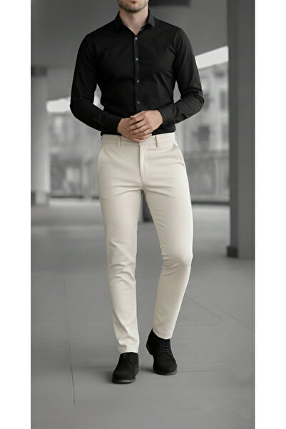 MY VİNTAGE Ανδρική κρέμα παντελόνι από ύφασμα με ελαστική Lycra μέχρι τον αστ...