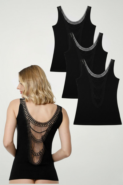 Hmd Set de 3 maiouri din bumbac pentru femei, cu detaliu din dantelă la spate...