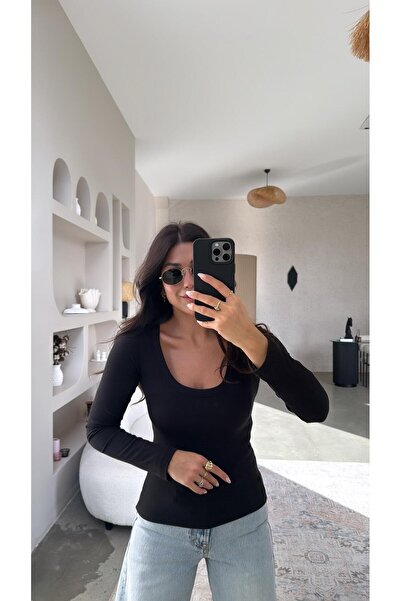 Buket Teke Black U-Neck Long Sleeve Corded Fabric Basic