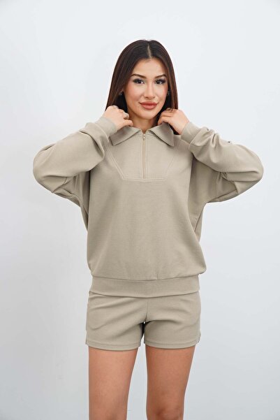 DI LORIA Set of 2 Women's Beige Color Oversized Zippered Sweatshirt Shorts