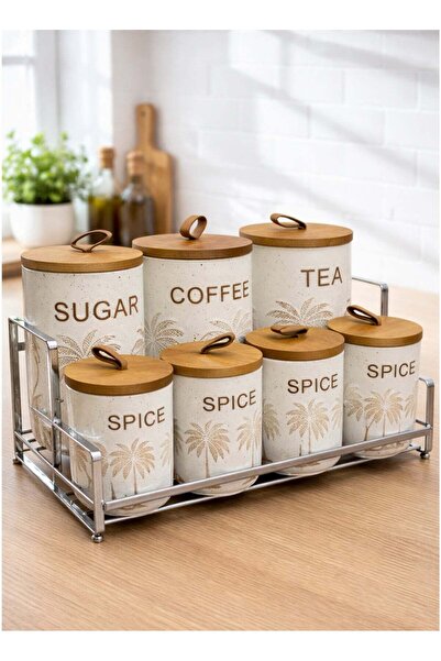 ALQANNAS 7Pcs Ceramic Jar Set with Bamboo Lids & Silver Metal Stand