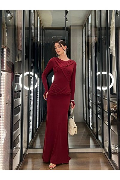 İZYA Women's Draped Long Sleeve Long Dress