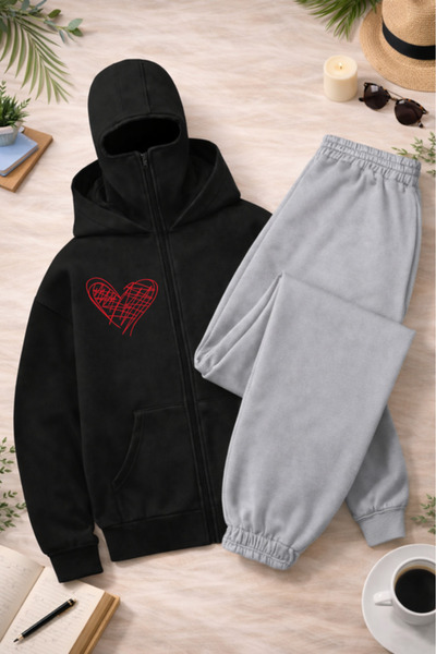 Pink Sky Unisex Basic Unprinted Hooded Sweatshirt & Jogger Tracksuit Set