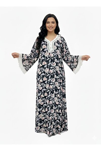 DADO BELLA Baskılı Çiçek Desenli Kloş Kumaş Kol Dantel Detaylı Uzun Elbise