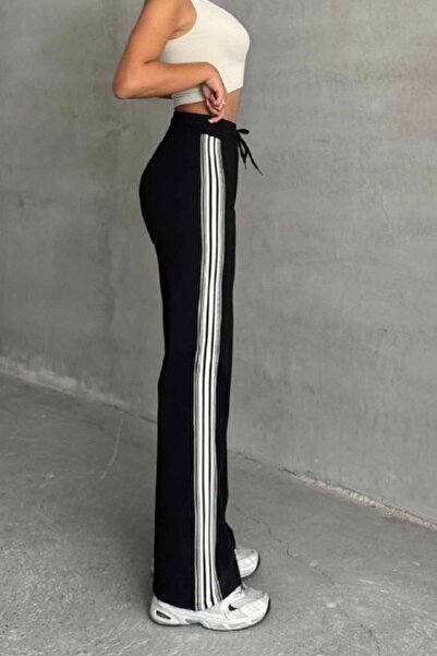 vynor atelier Kadın Siyah Yanı Üç Şeritli İspanyol Paça Eşofman Altı - Yüksek...