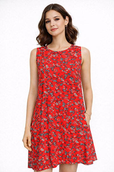 Nuevo Kadın Kırmızı Çiçek Desenli Kolsuz Elbise – Rahat Kesim Günlük Yazlık E...