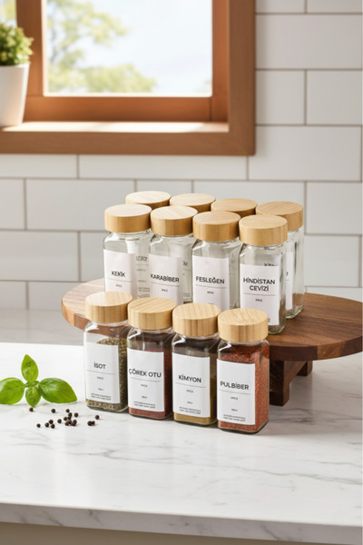 Kapris 12’li Bambu Kapaklı Kare Cam Baharatlık Seti 120ml 16 Adet Etiket Hedi...
